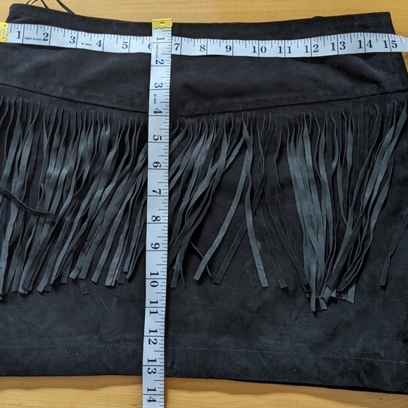 Mango genuine leather fringe mini skirt western style black size 2 T3 - Picture 5 of 8